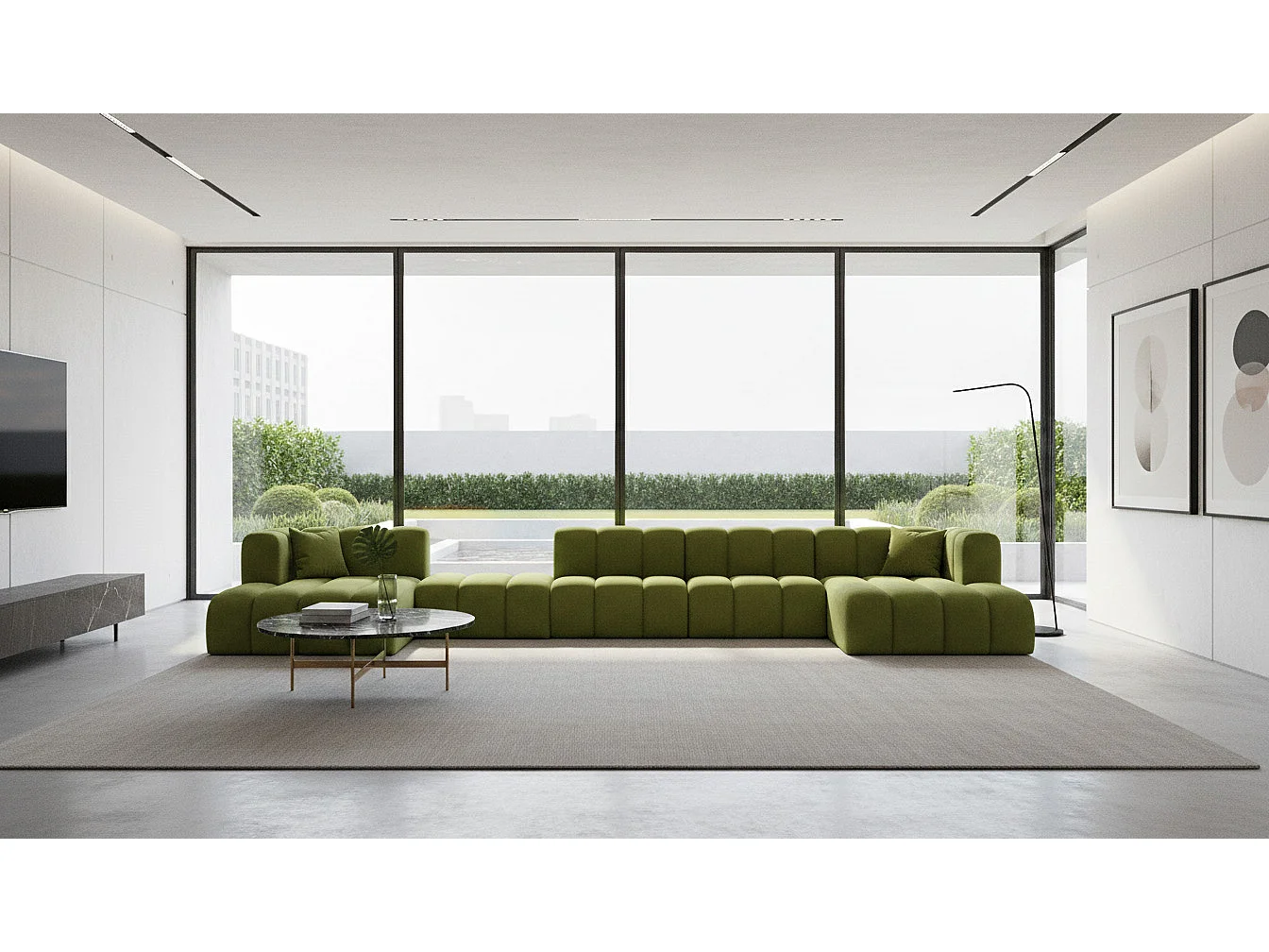 Hoekbank, U-vorm sofa Grand U Big XL 500 cm, veloursstof Salvador, Olijfgroen