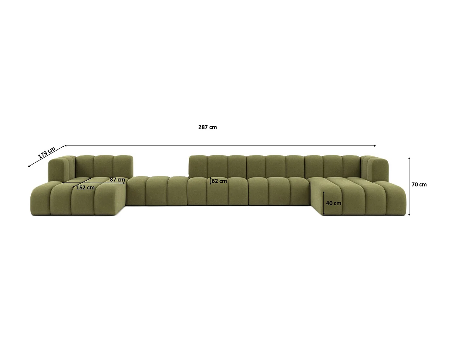 Hoekbank, U-vorm sofa Grand U Big XL 500 cm, veloursstof Salvador, Olijfgroen