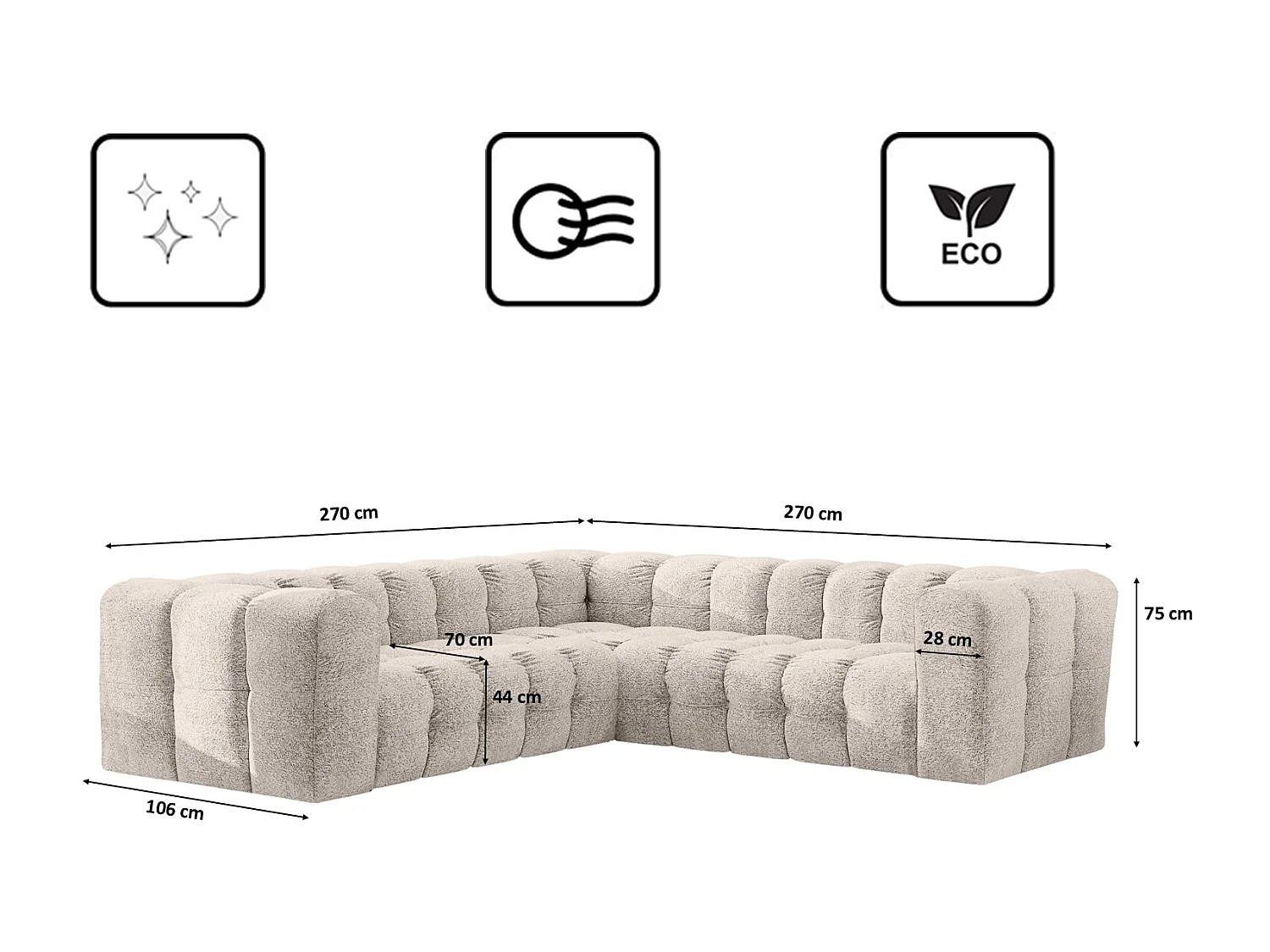 Divano angolare corner con impunture BALOO, tessuto chenille Arena, Ecrù