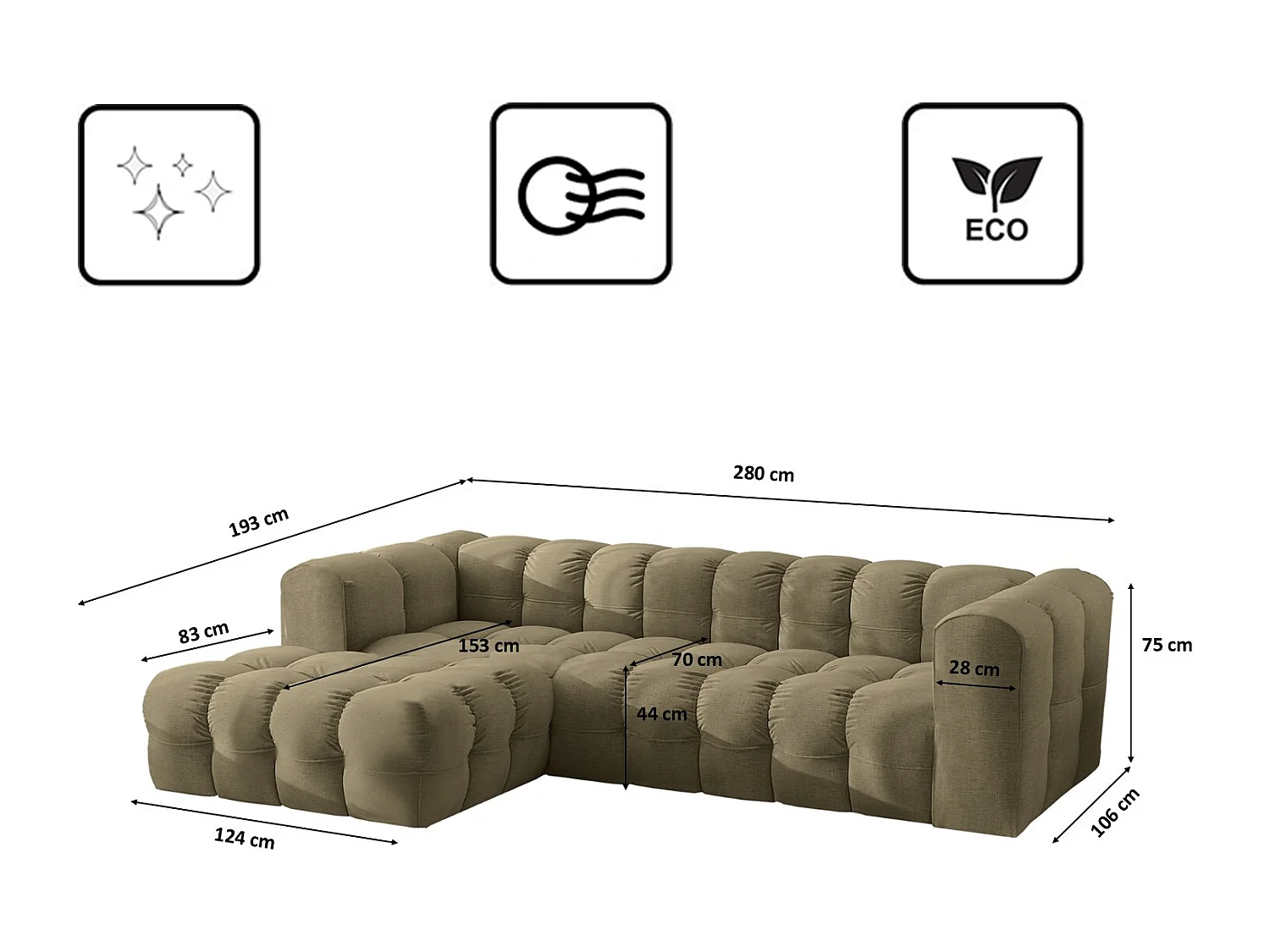 Divano angolare a L BALOO L, tessuto chenille Moly, Oliva, Sinistra