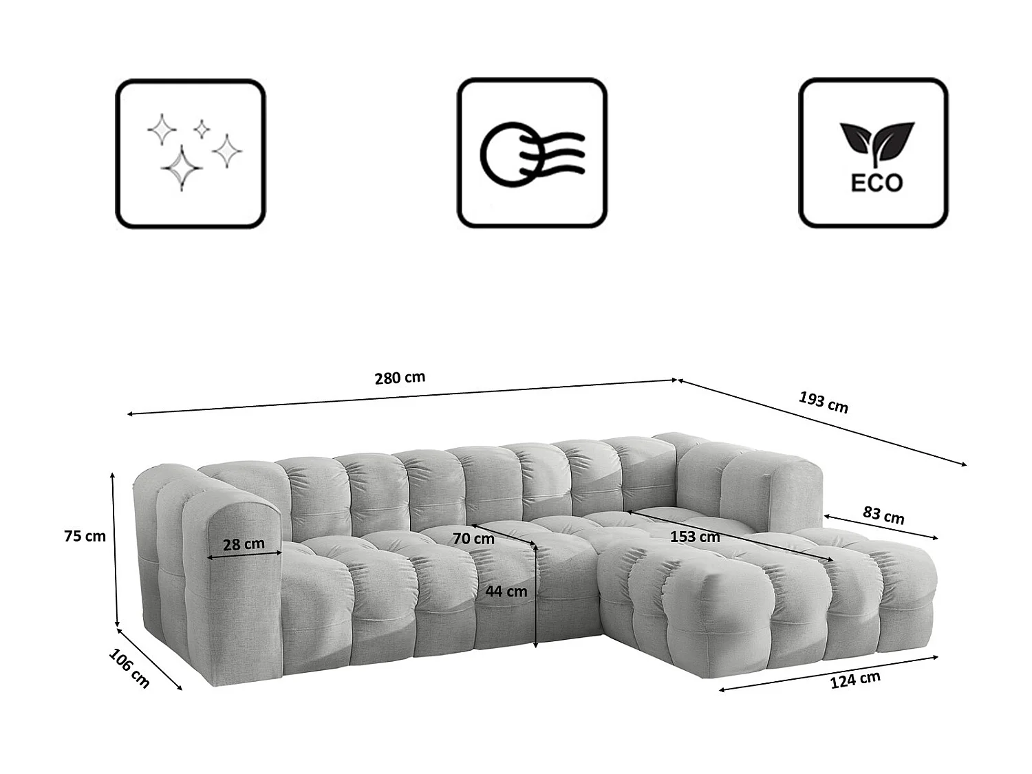 Divano angolare a L BALOO L, tessuto chenille Moly, Grigio chiaro, Destra