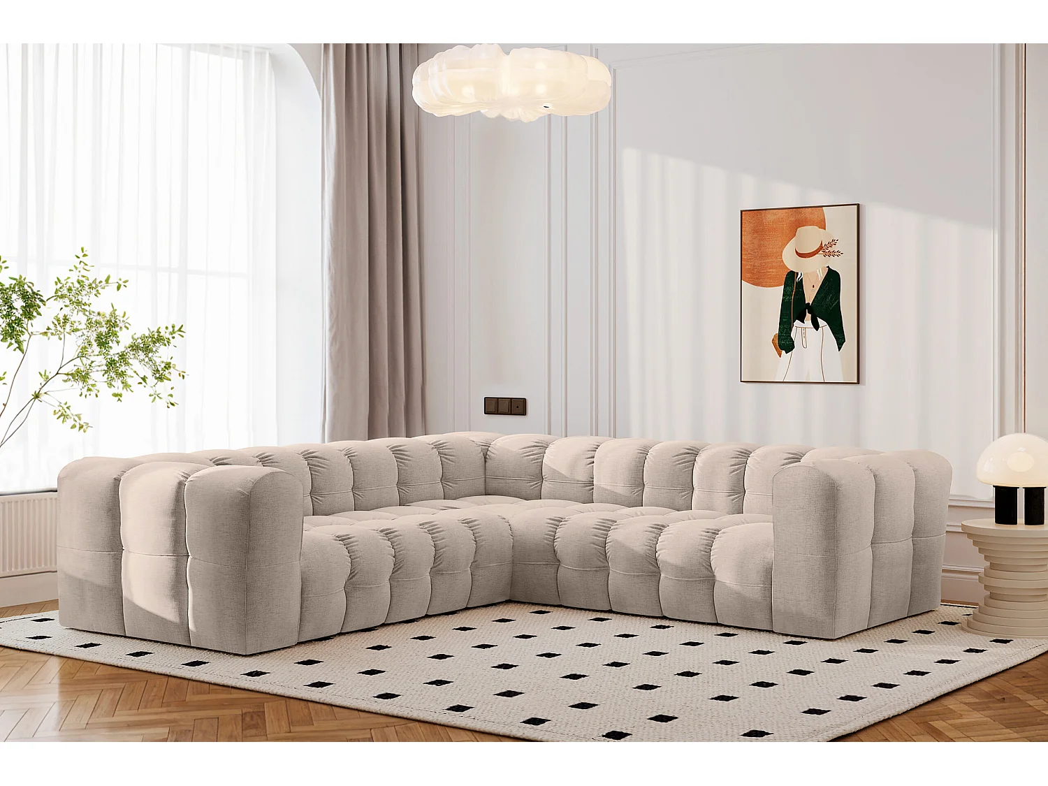 Divano angolare corner con impunture BALOO, tessuto chenille Moly, Beige
