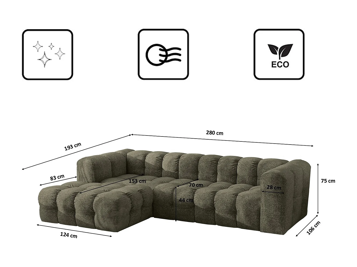 Divano angolare a L BALOO L, tessuto chenille Arena, Verde, Sinistra