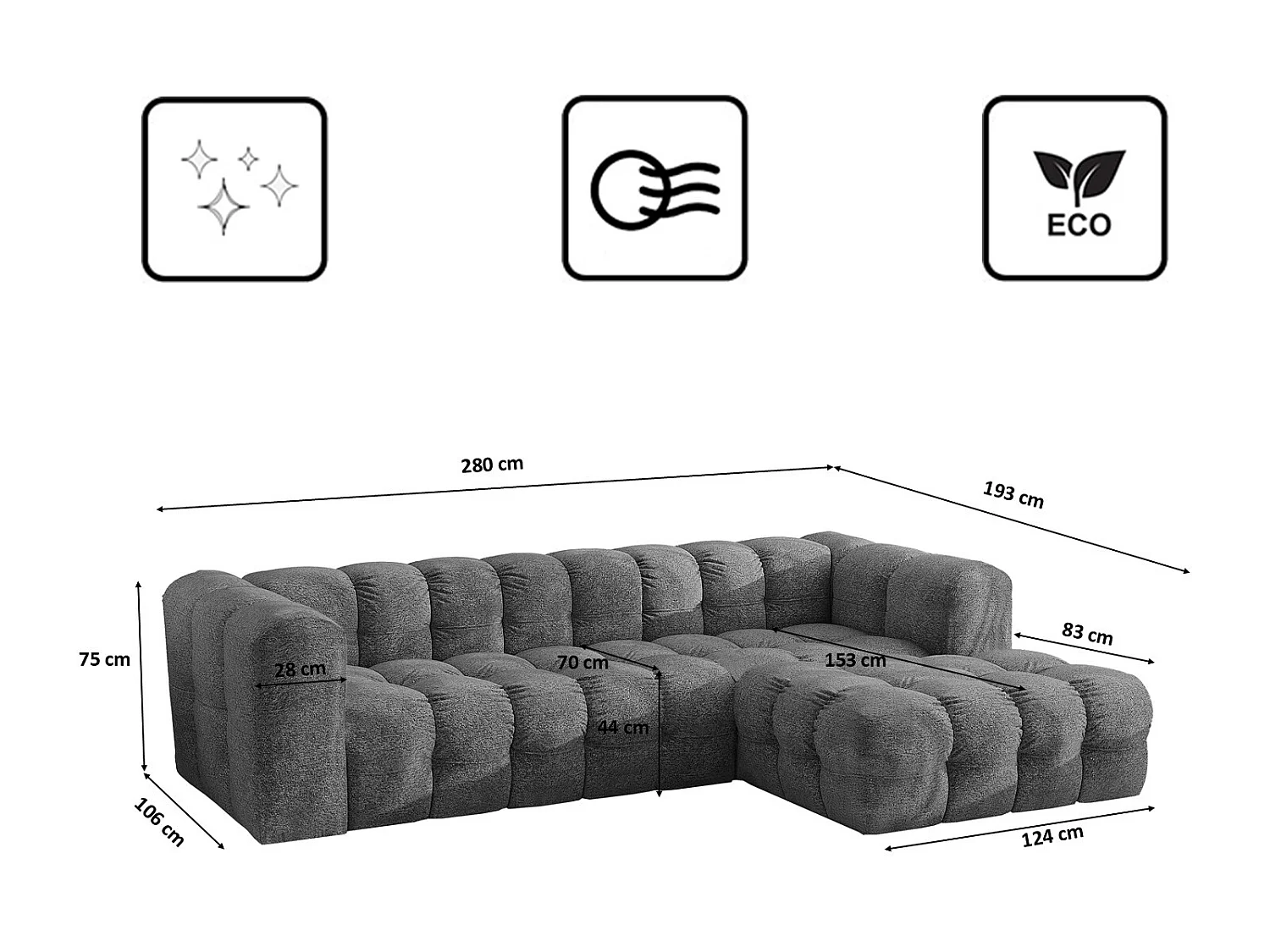 Divano angolare a L BALOO L, tessuto chenille Arena, Antracite, Destra