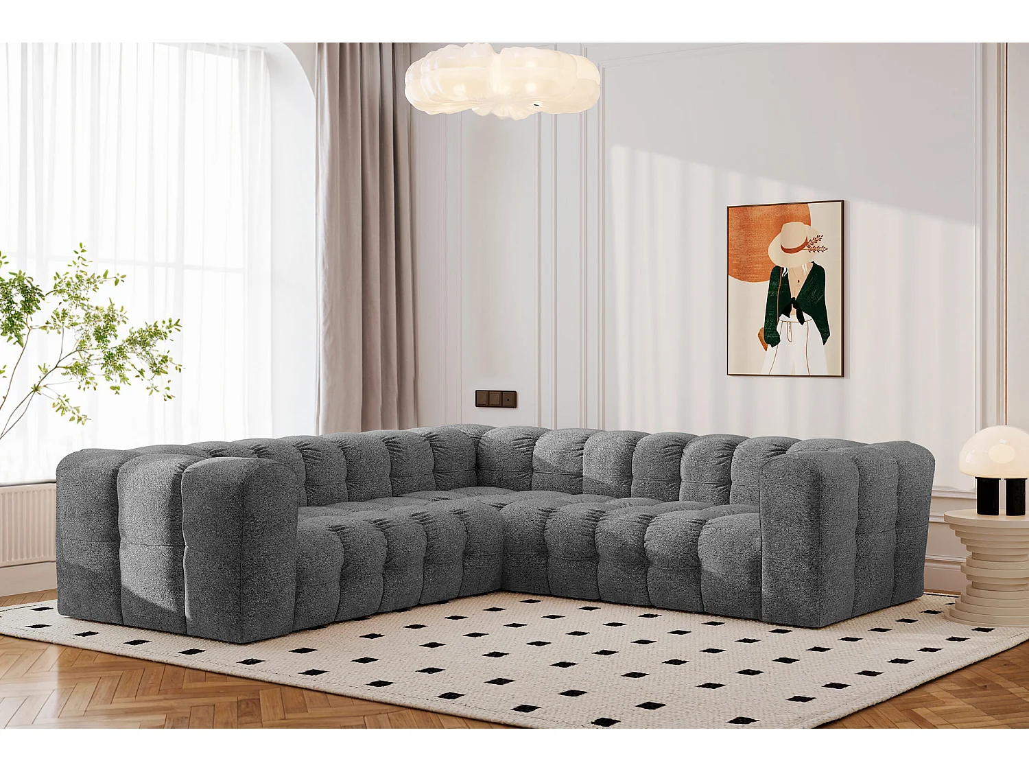 Divano angolare corner con impunture BALOO, tessuto chenille Arena, Antracite