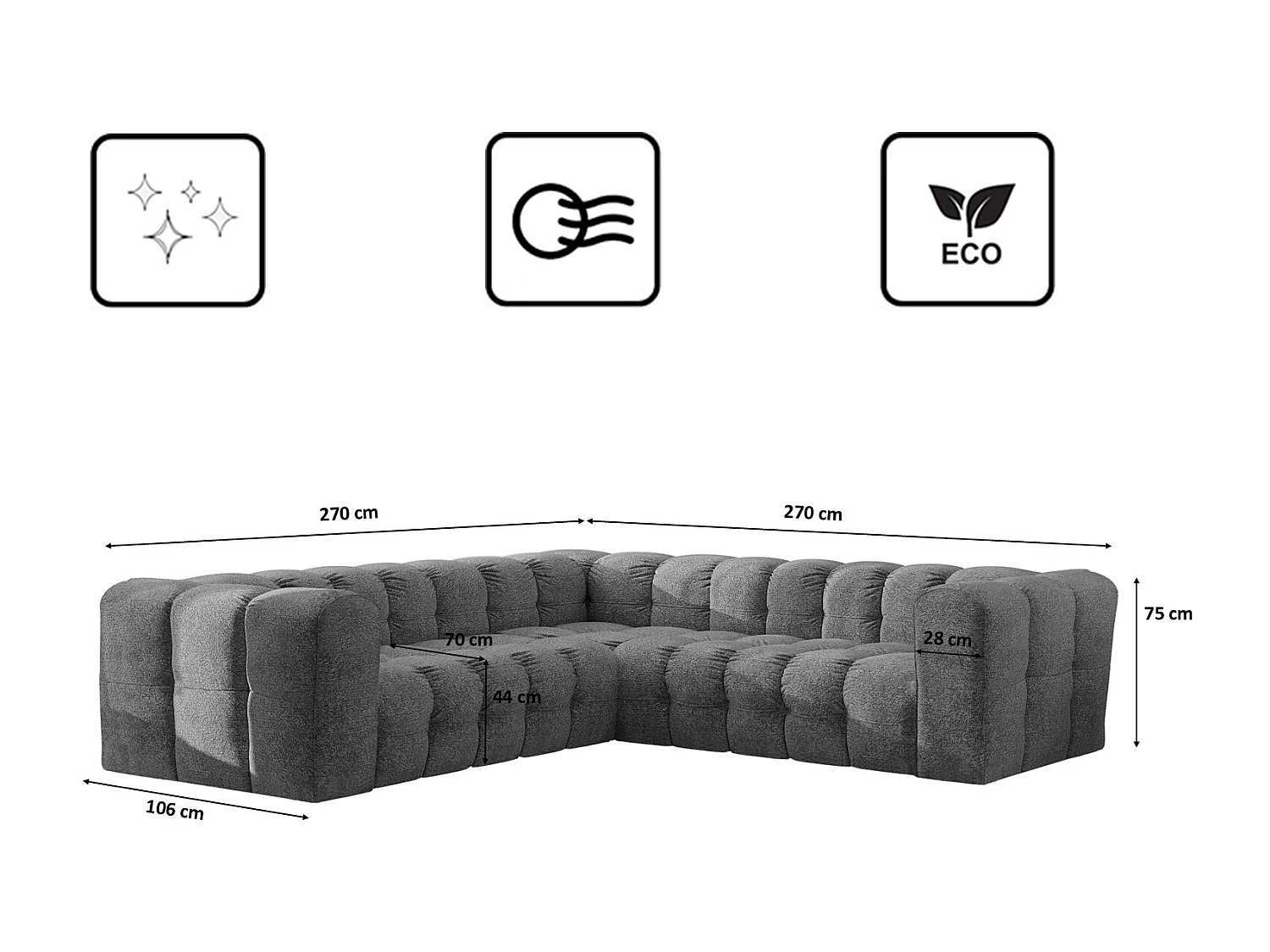 Divano angolare corner con impunture BALOO, tessuto chenille Arena, Antracite