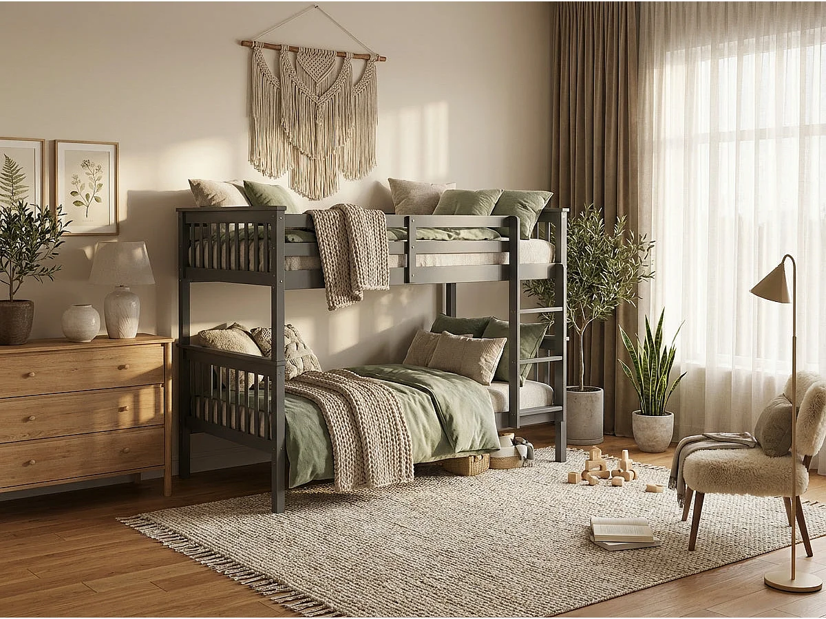 Lit superposé en bois gris 90x190 cm 1+1 BATNA