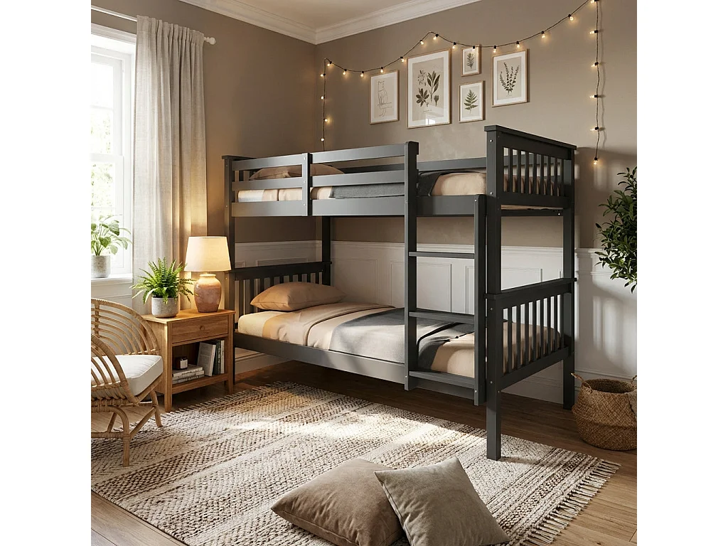 Lit superposé en bois gris 90x190 cm 1+1 BATNA