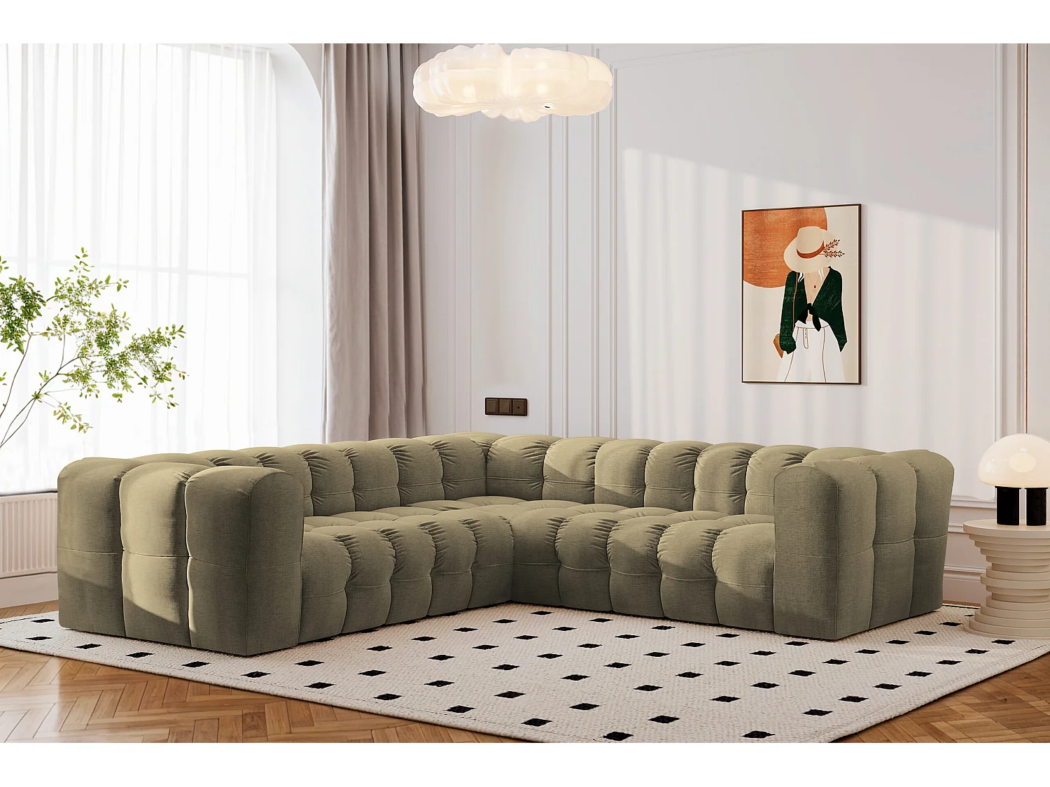 Divano angolare corner con impunture BALOO, tessuto chenille Moly, Oliva