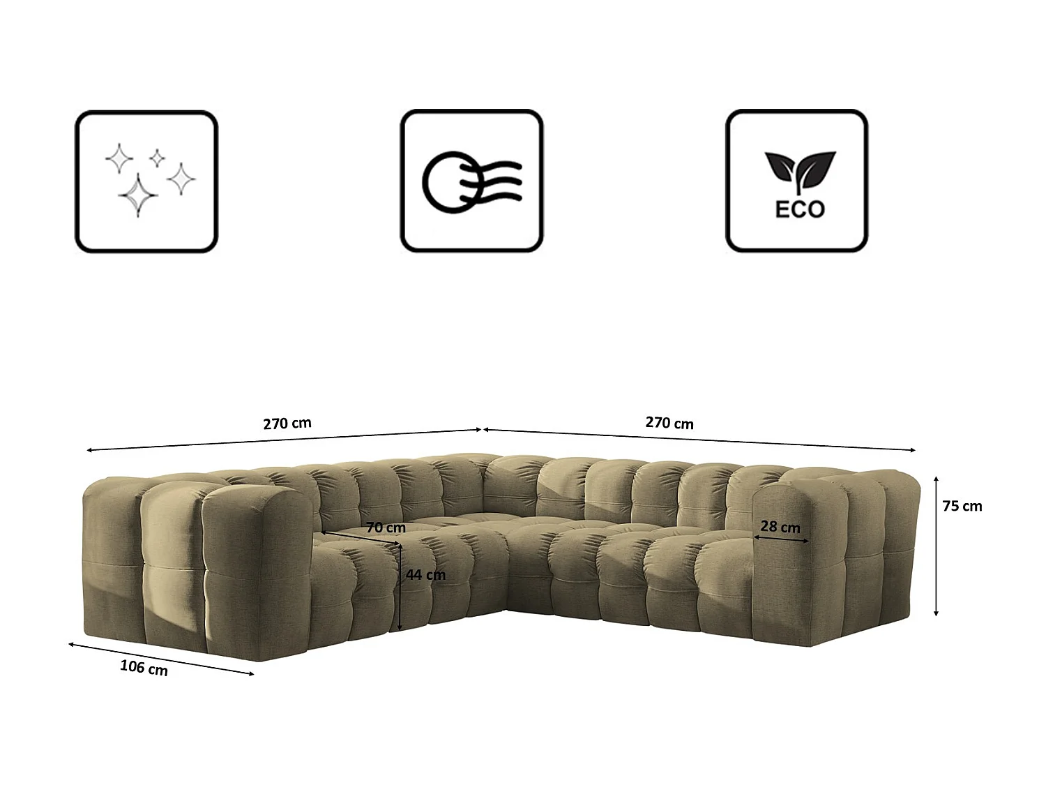 Divano angolare corner con impunture BALOO, tessuto chenille Moly, Oliva