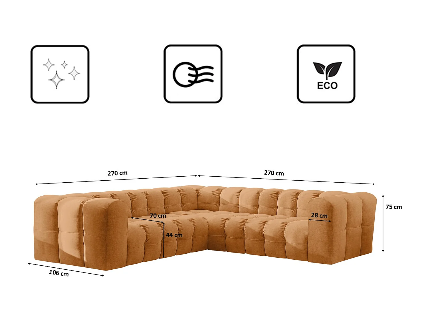 Divano angolare corner con impunture BALOO, tessuto chenille Moly, Arancione