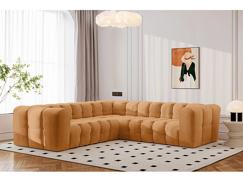 Divano angolare corner con impunture BALOO, tessuto chenille Moly, Arancione