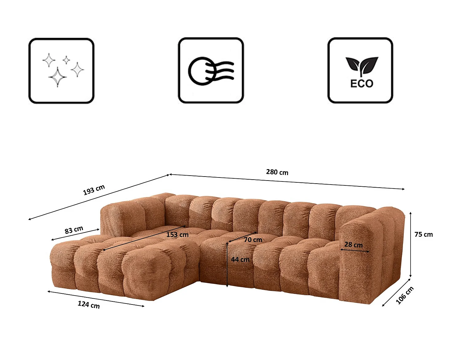 Divano angolare a L BALOO L, tessuto chenille Arena, Arancione, Sinistra