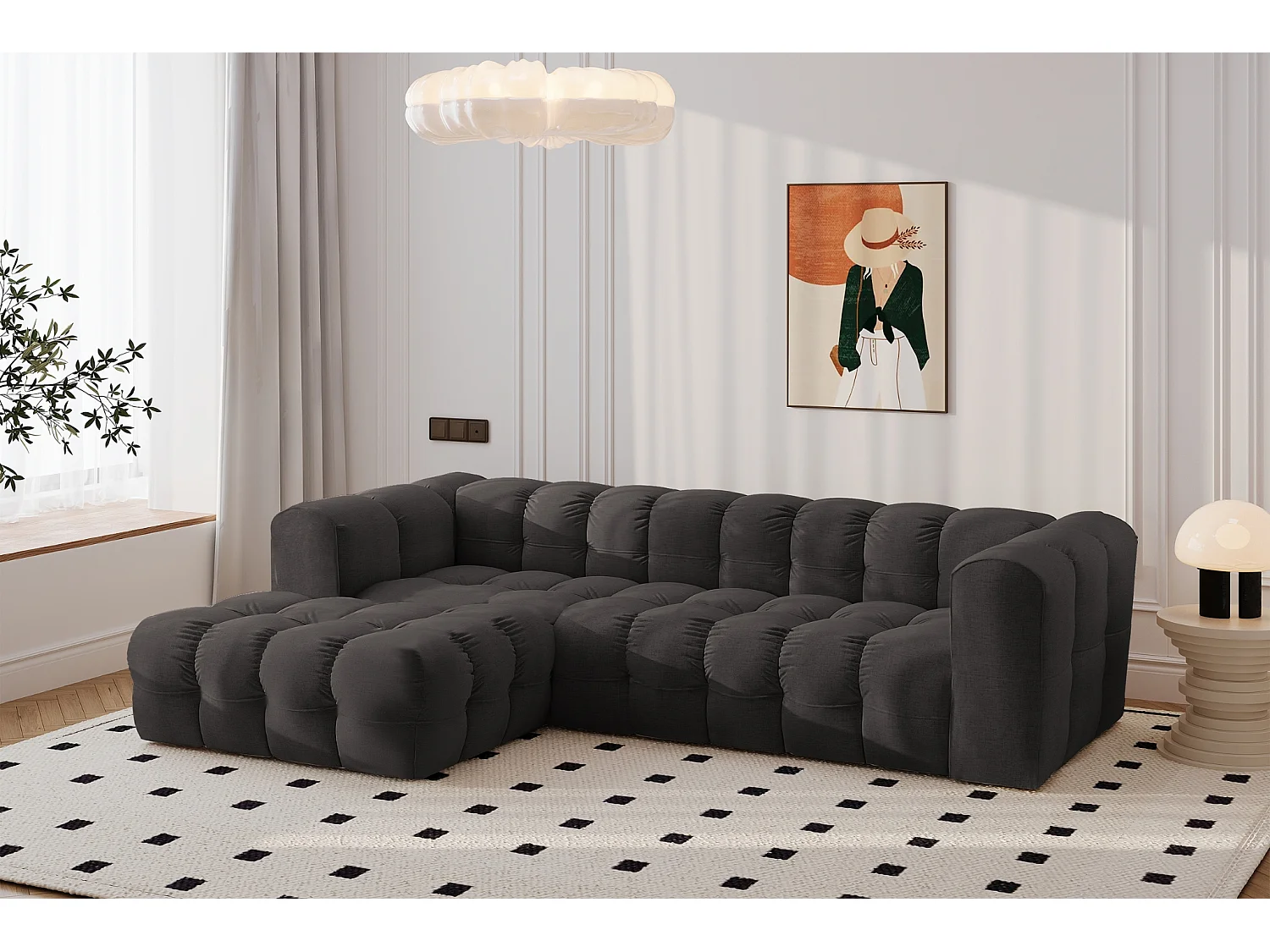 Divano angolare a L BALOO L, tessuto chenille Moly, Nero, Sinistra