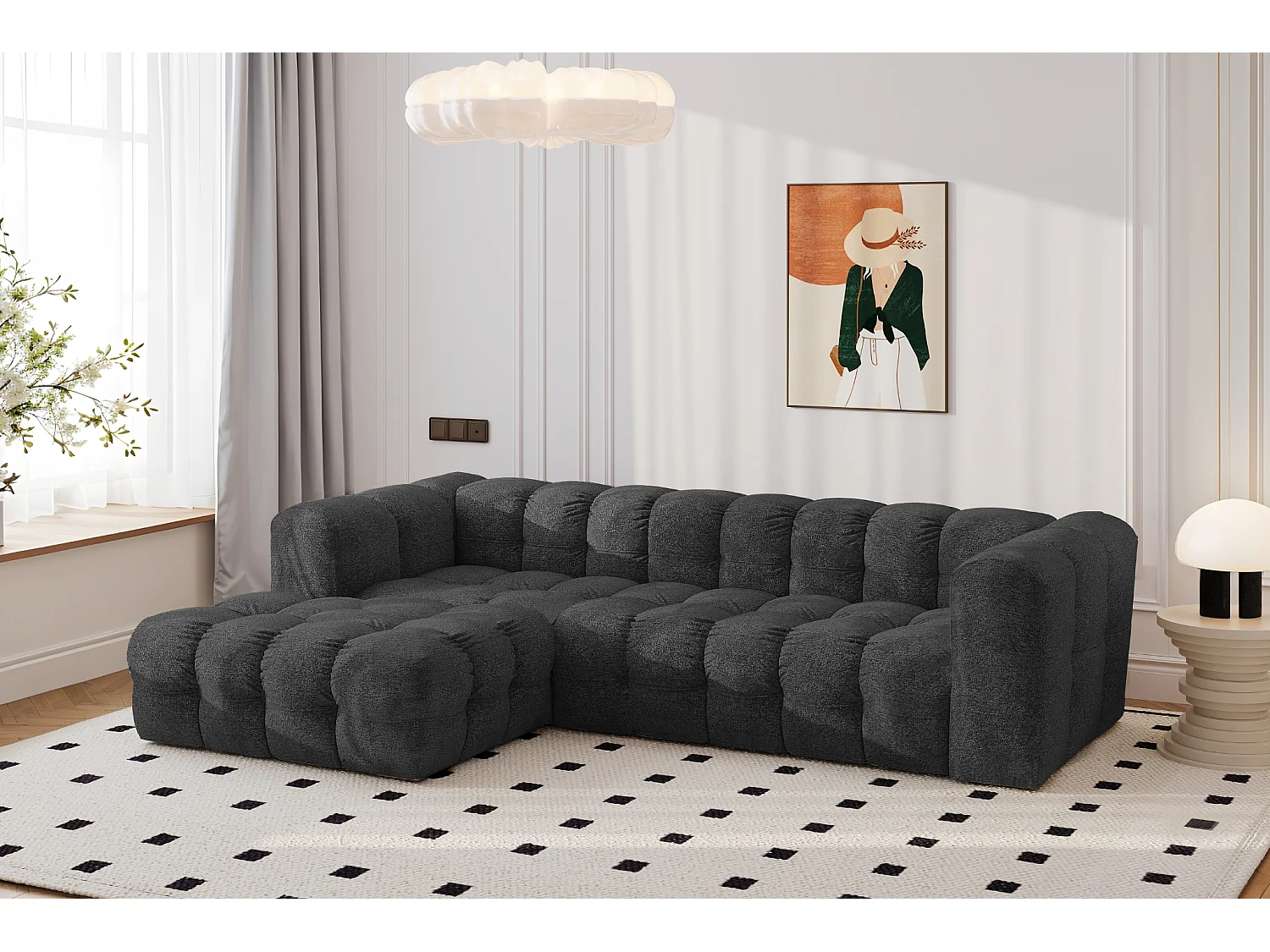 Divano angolare a L BALOO L, tessuto chenille Arena, Grafite, Sinistra