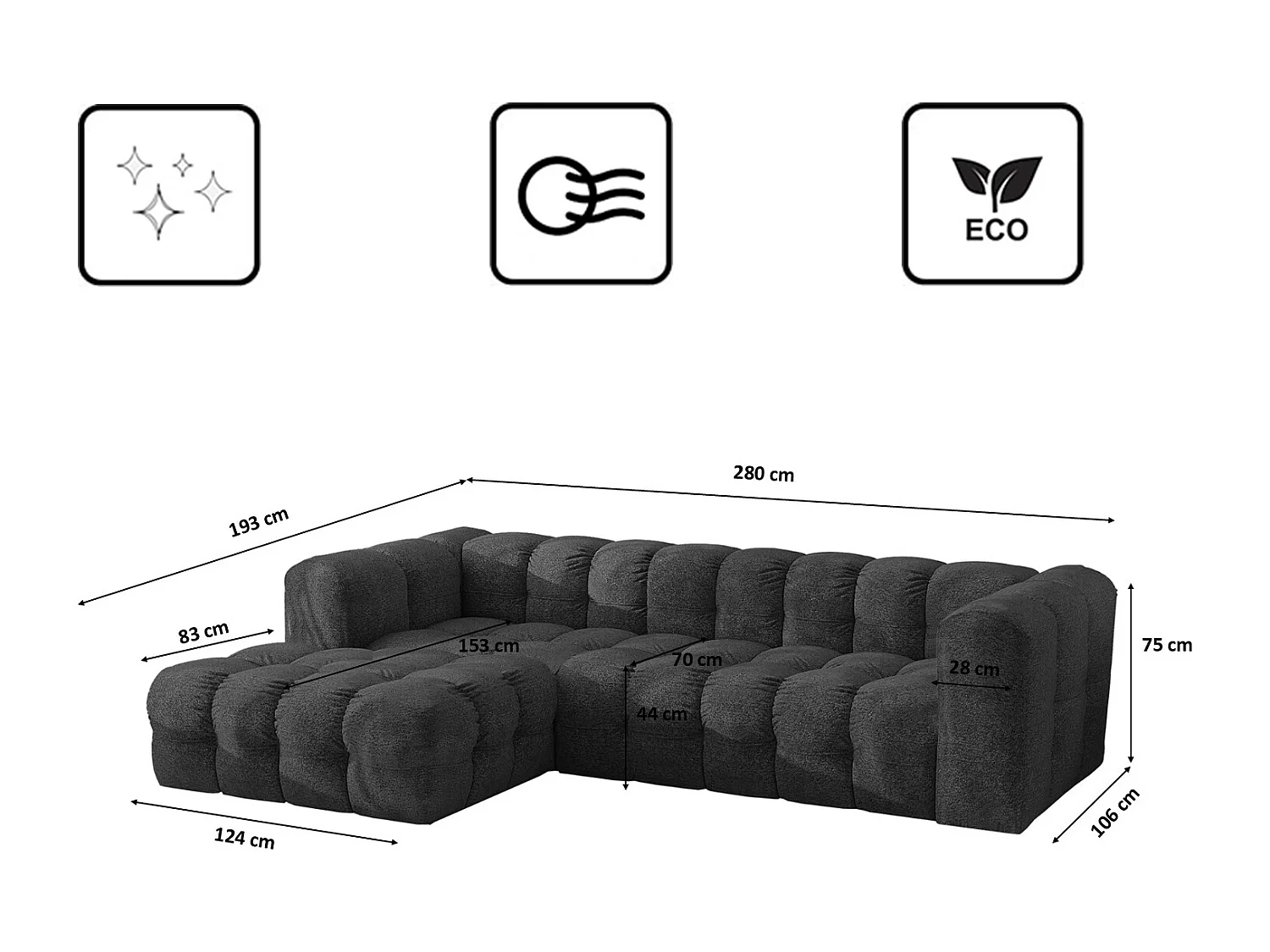 Divano angolare a L BALOO L, tessuto chenille Arena, Grafite, Sinistra