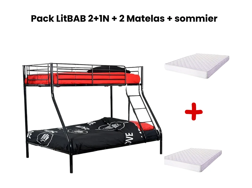Pack: Lit superposé en métal sommier inclus + 2 Matelas 90/140x190 cm, 3 places Noir COSTO