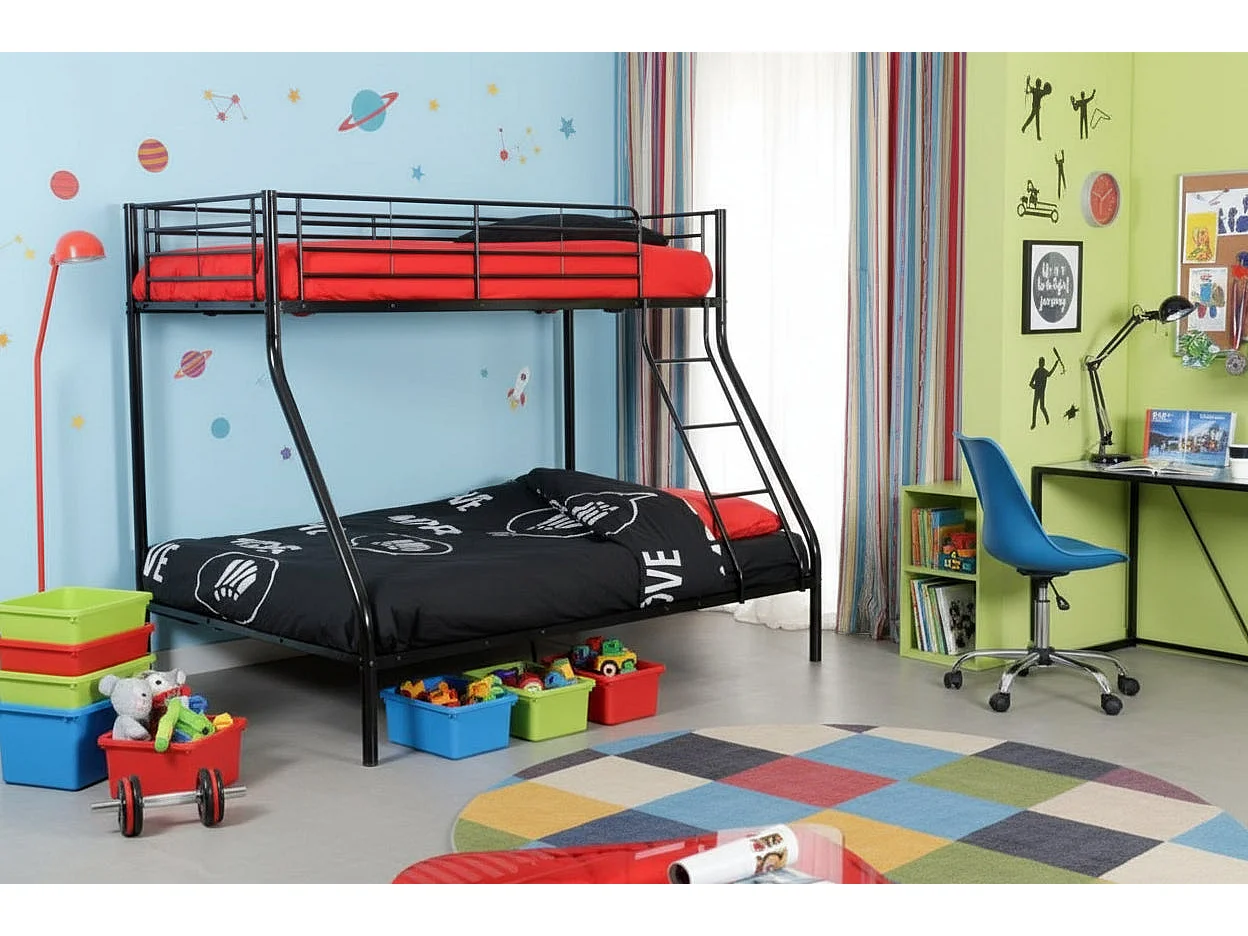 Pack: Lit superposé en métal sommier inclus + 2 Matelas 90/140x190 cm, 3 places Noir COSTO