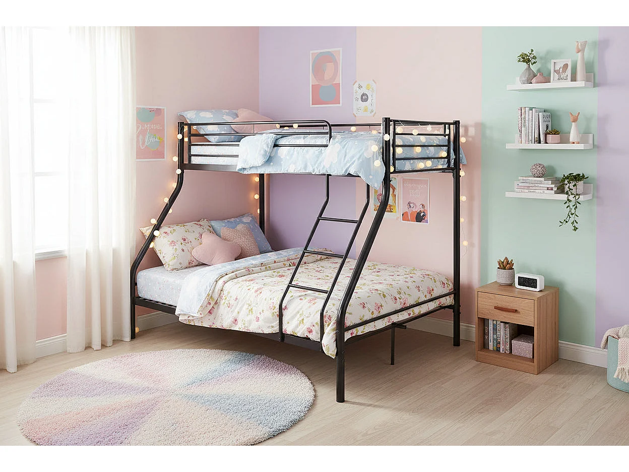 Pack: Lit superposé en métal sommier inclus + 2 Matelas 90/140x190 cm, 3 places Noir COSTO