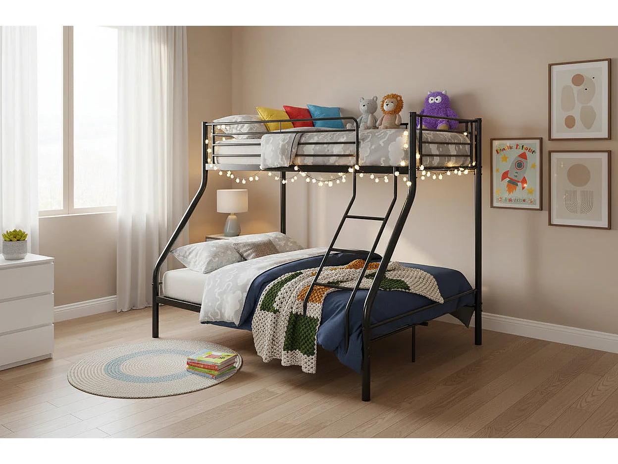 Pack: Lit superposé en métal sommier inclus + 2 Matelas 90/140x190 cm, 3 places Noir COSTO