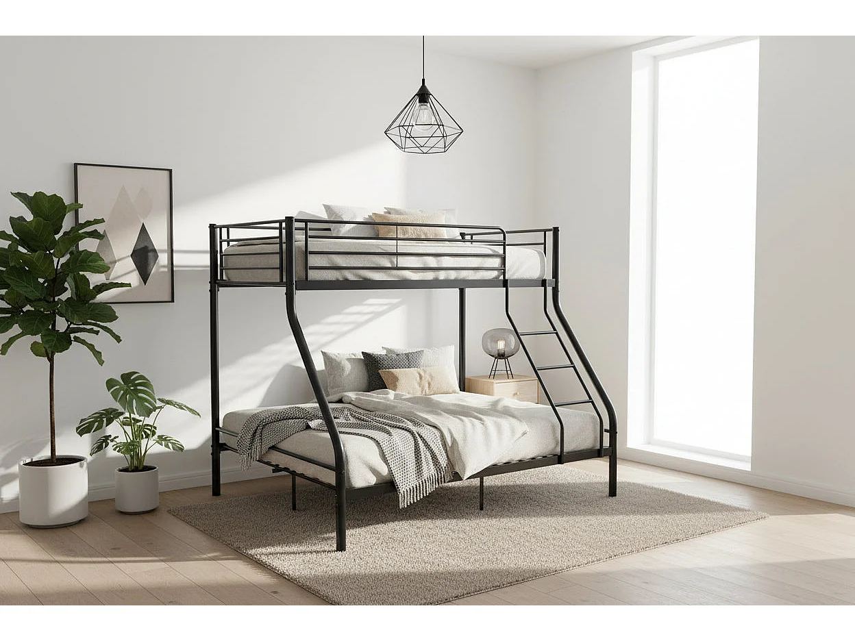 Pack: Lit superposé en métal sommier inclus + 2 Matelas 90/140x190 cm, 3 places Noir COSTO