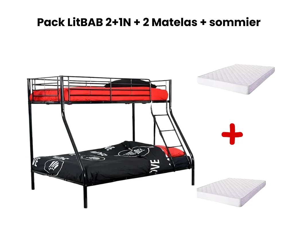 Pack: Lit superposé en métal sommier inclus + 2 Matelas 90/140x190 cm, 3 places Noir COSTO