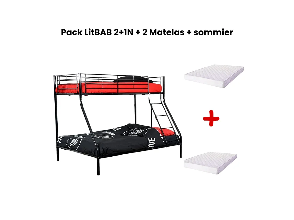 Pack: Lit superposé en métal sommier inclus + 2 Matelas 90/140x190 cm, 3 places Noir COSTO