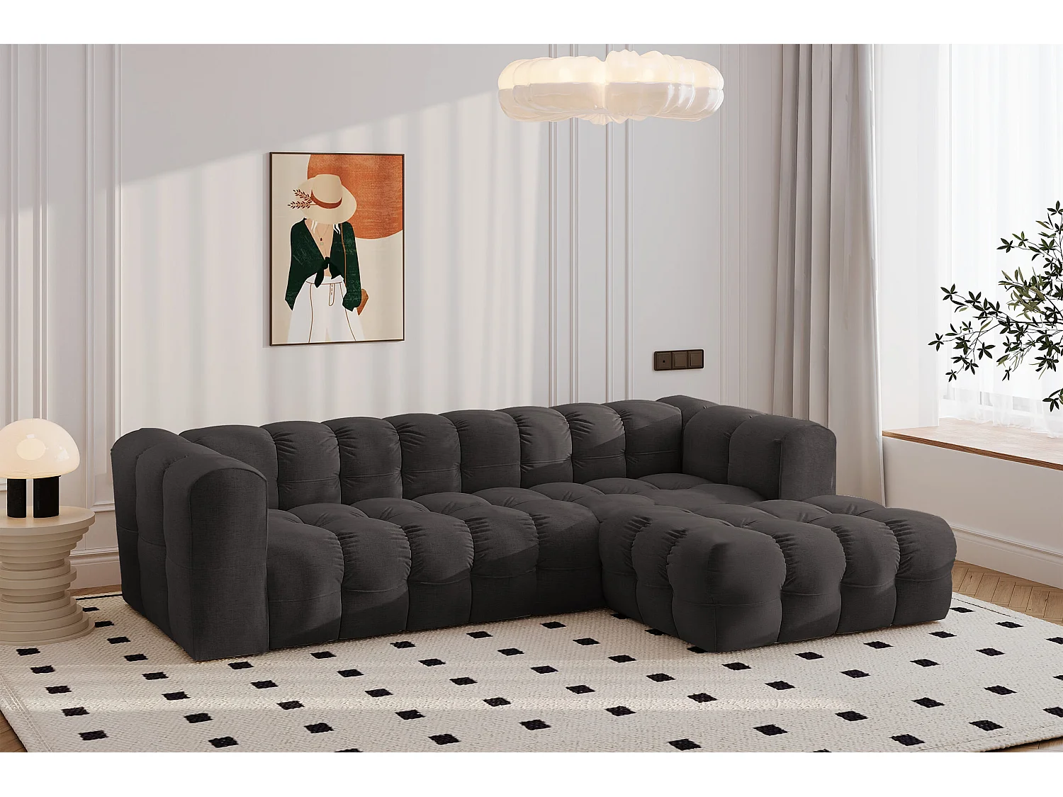 Divano angolare a L BALOO L, tessuto chenille Moly, Nero, Destra