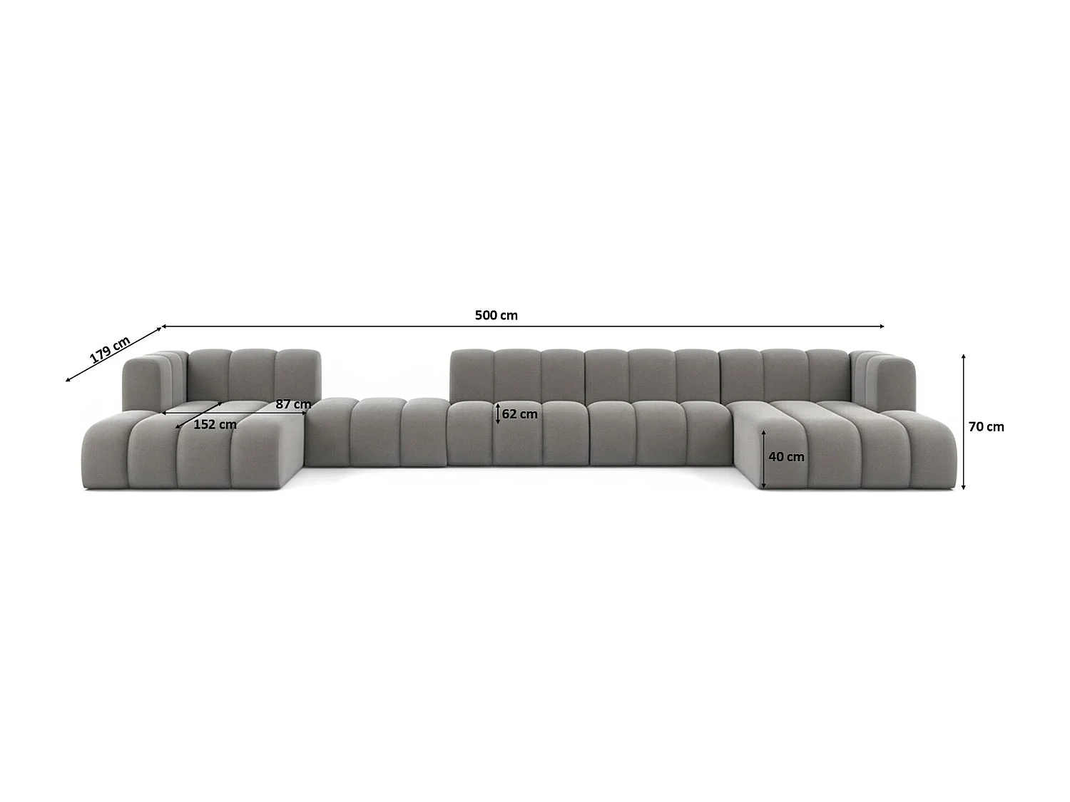 Hoekbank, U-vorm sofa Grand U Big XL 500 cm, veloursstof Salvador, Grijs