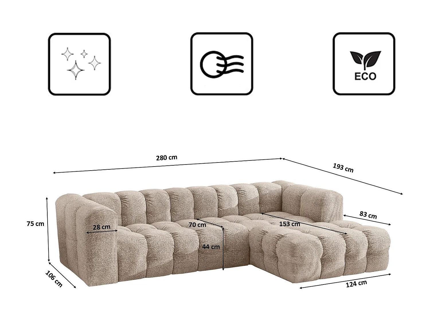 Divano angolare a L BALOO L, tessuto chenille Arena, Beige, Destra