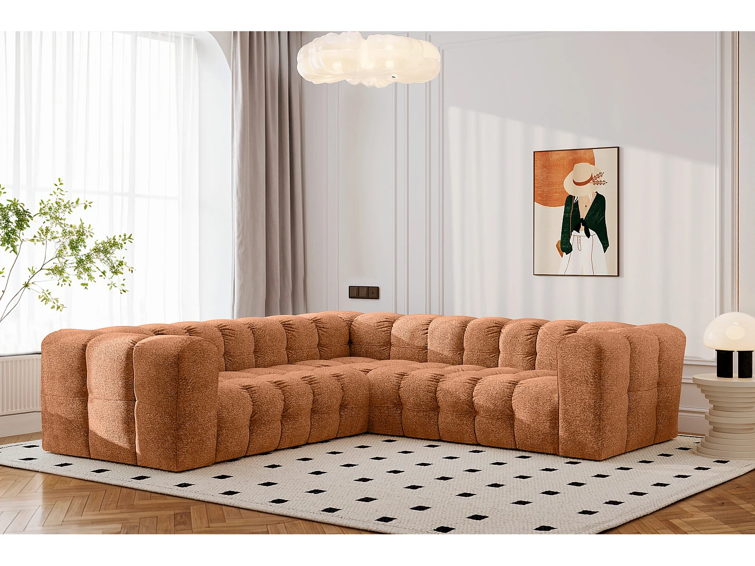 Divano angolare corner con impunture BALOO, tessuto chenille Arena, Arancione