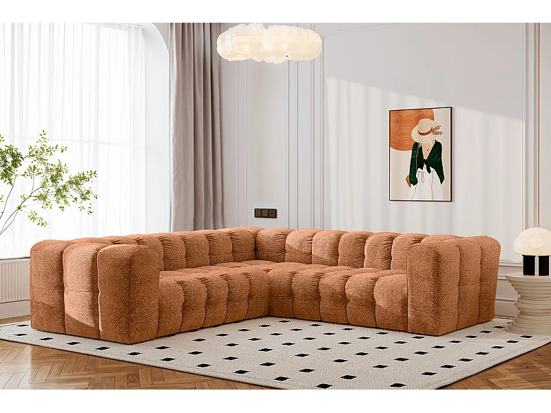 Divano angolare corner con impunture BALOO, tessuto chenille Arena, Arancione