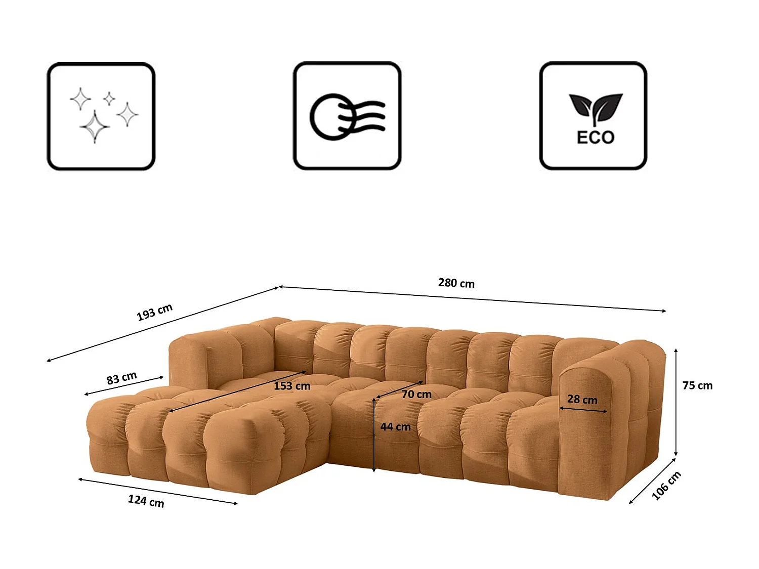 Divano angolare a L BALOO L, tessuto chenille Moly, Arancione, Sinistra