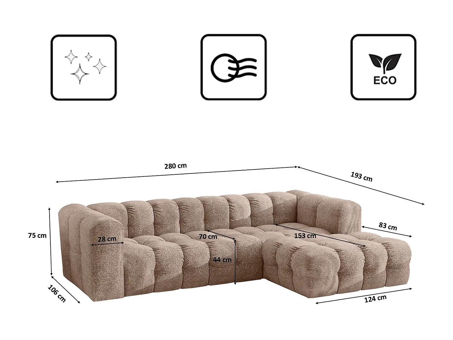 Divano angolare a L BALOO L, tessuto chenille Arena, Beige scuro, Destra