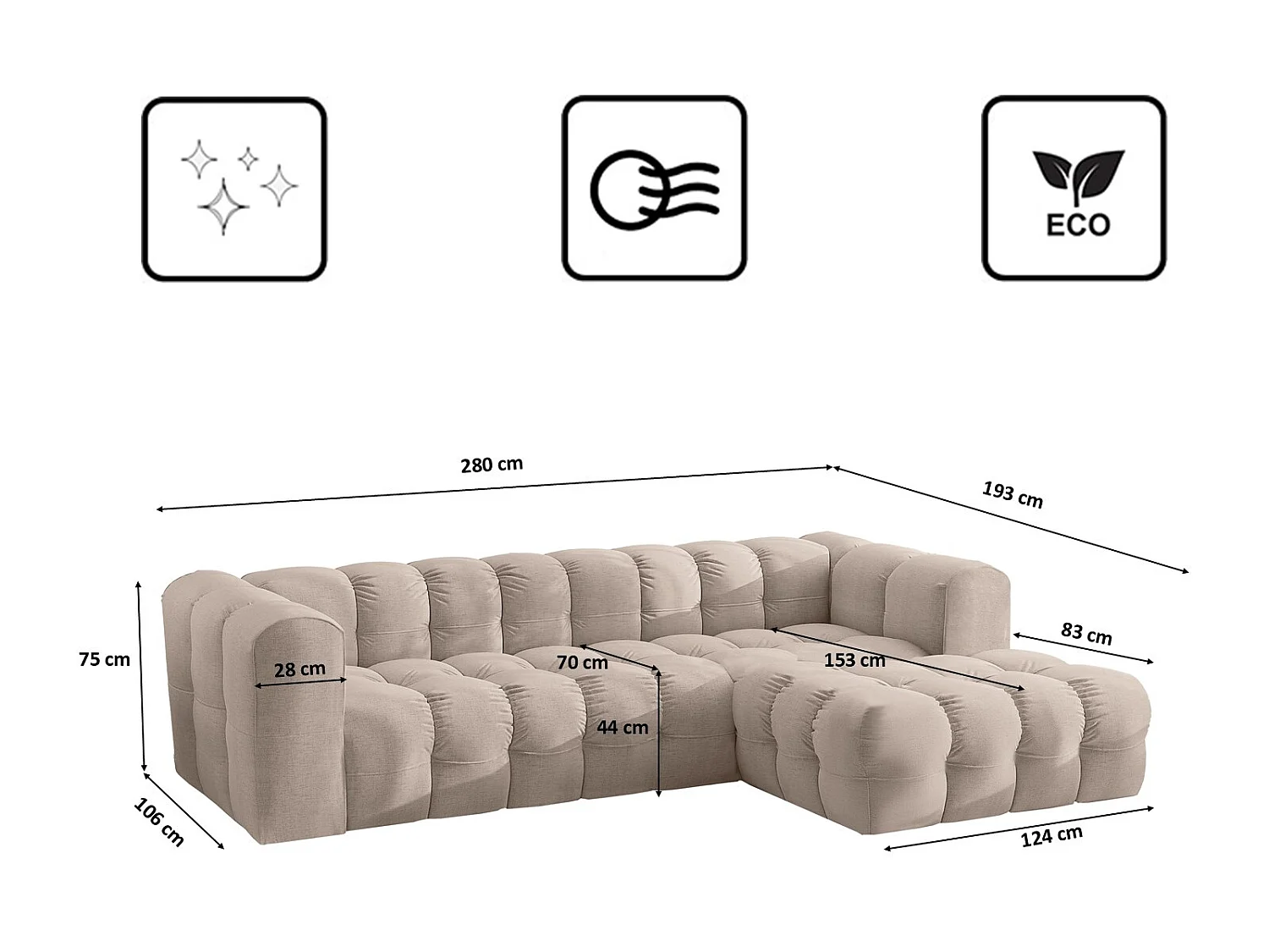 Divano angolare a L BALOO L, tessuto chenille Moly, Beige, Destra