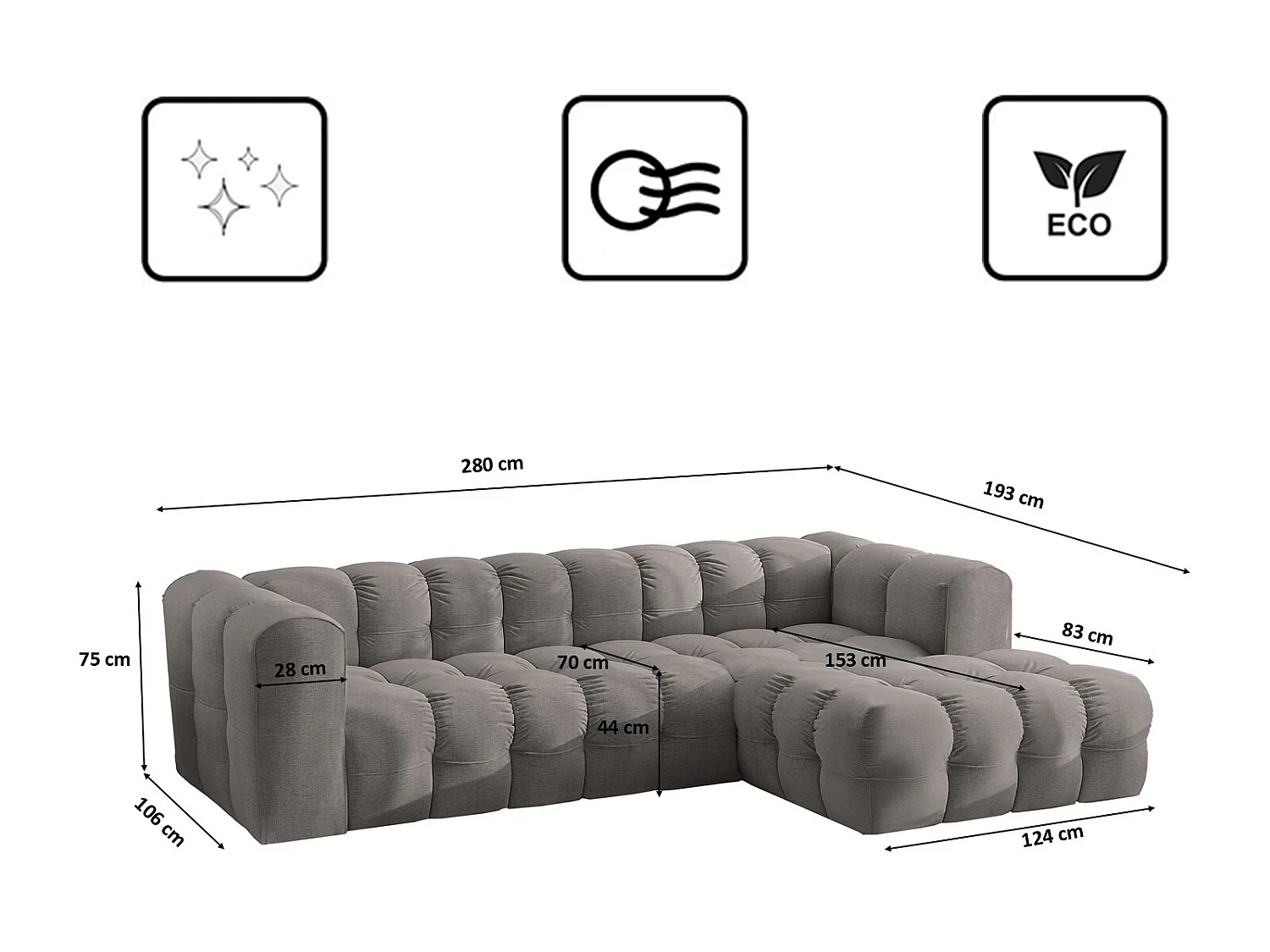 Divano angolare a L BALOO L, tessuto chenille Moly, Grigio, Destra