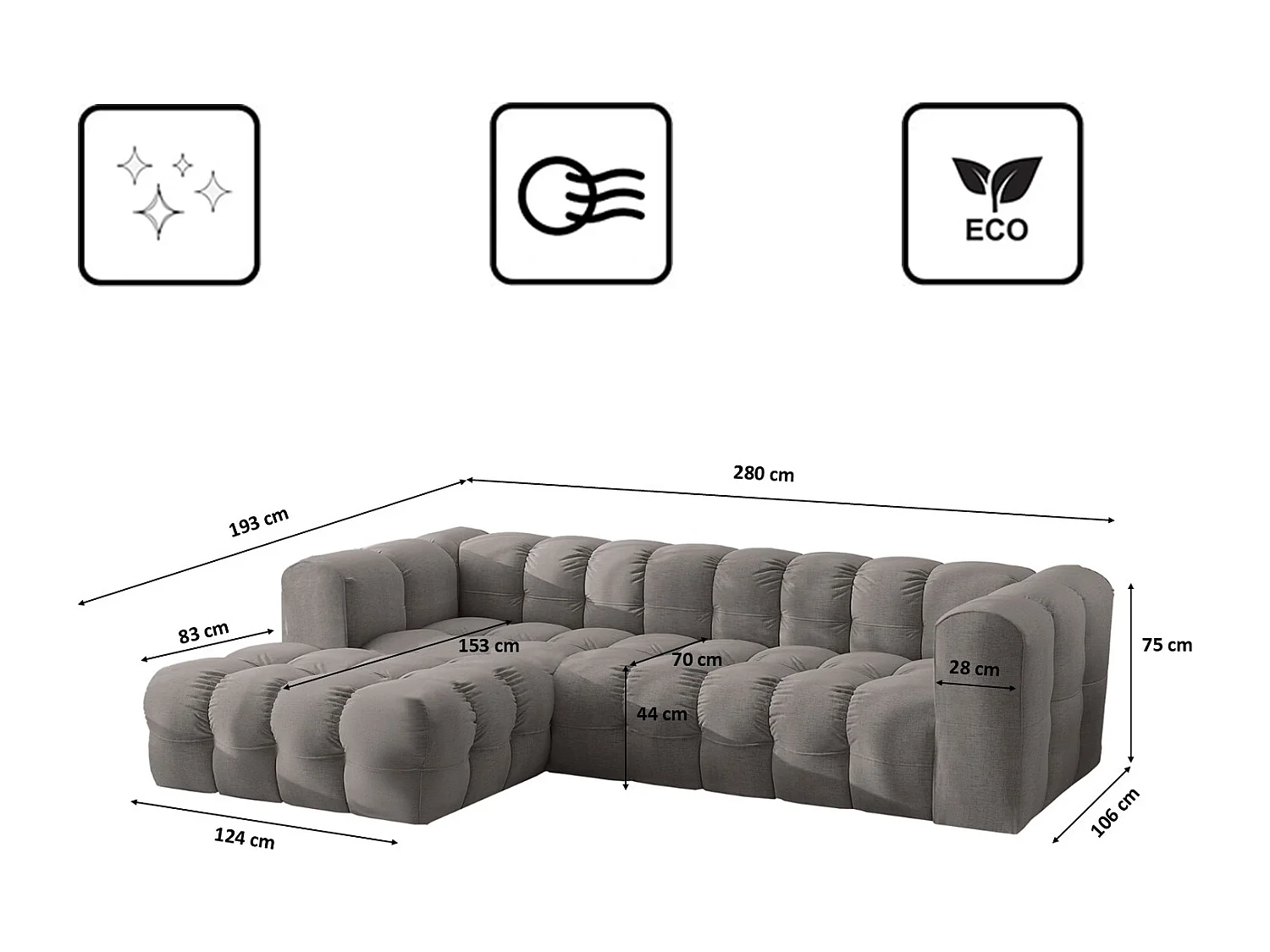 Divano angolare a L BALOO L, tessuto chenille Moly, Grigio, Sinistra