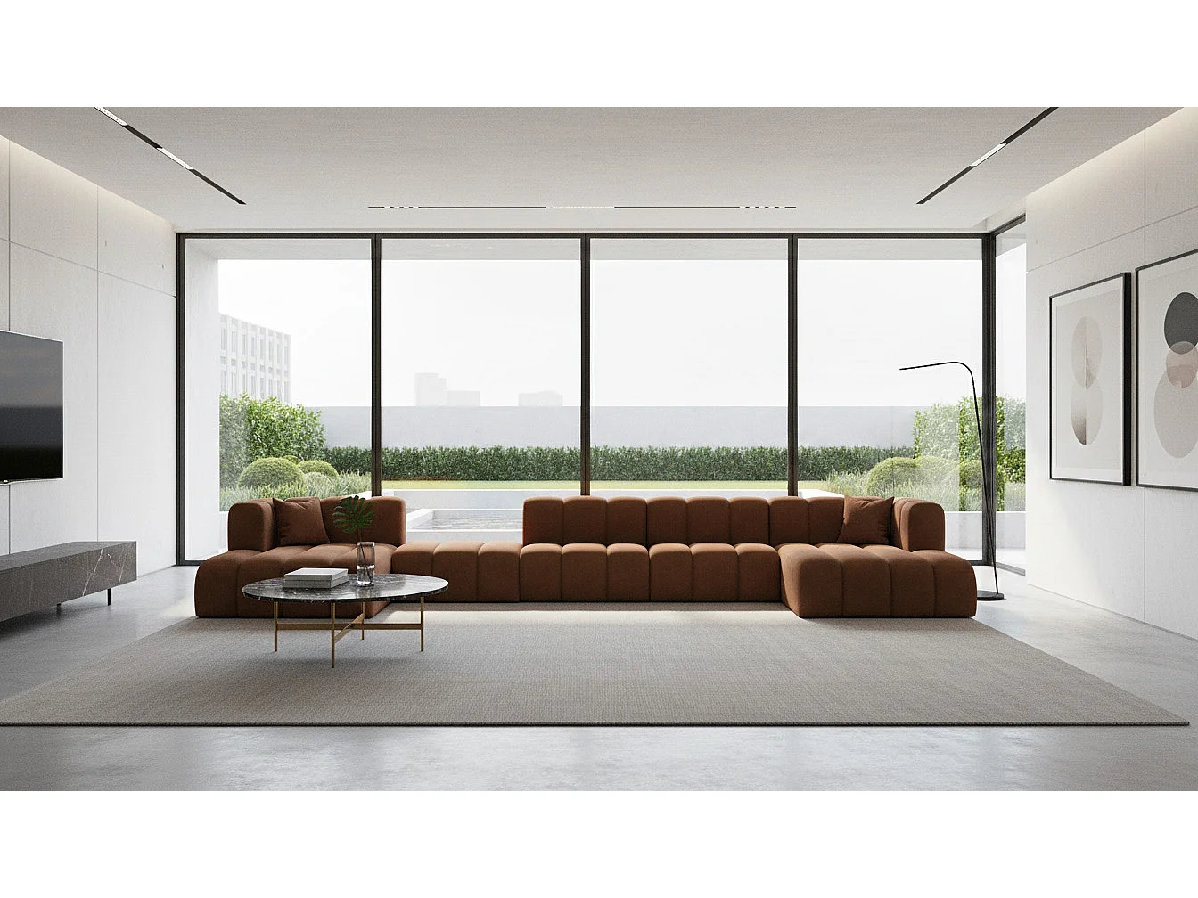 Hoekbank, U-vorm sofa Grand U Big XL 500 cm, veloursstof Salvador, Donkerbruin