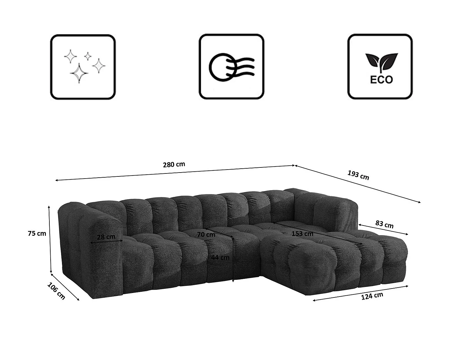 Divano angolare a L BALOO L, tessuto chenille Arena, Grafite, Destra