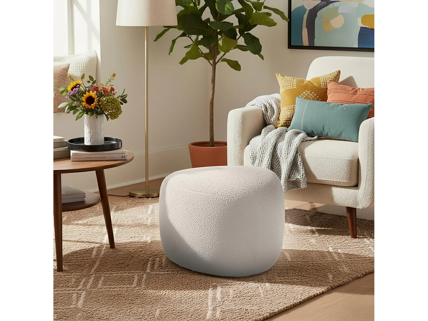 Tabouret - Tissu & Blanc - Crème - Alfrisa