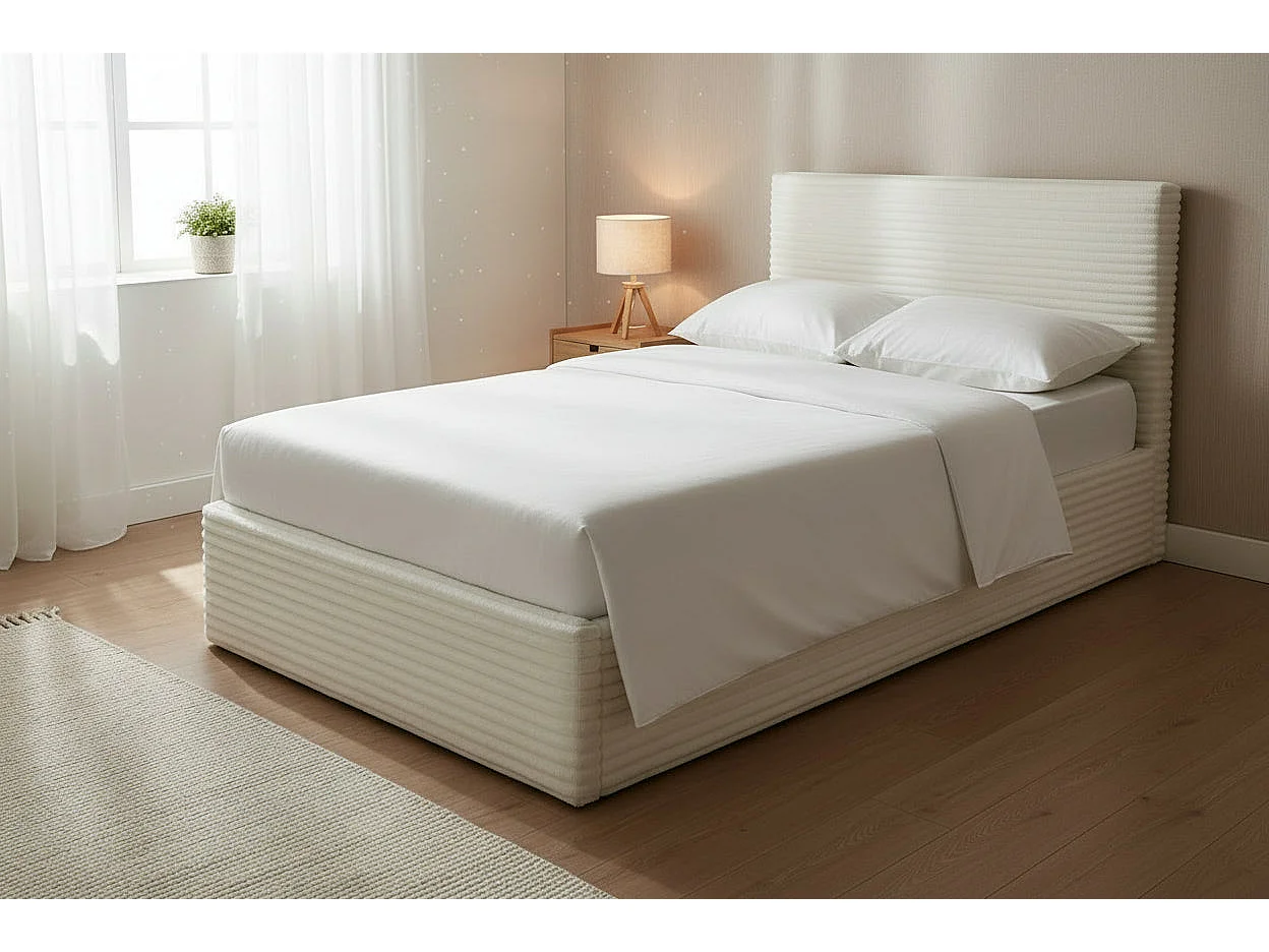 Lit Coffre MAIA 90x190cm Velours Côtelé Écru avec Sommier