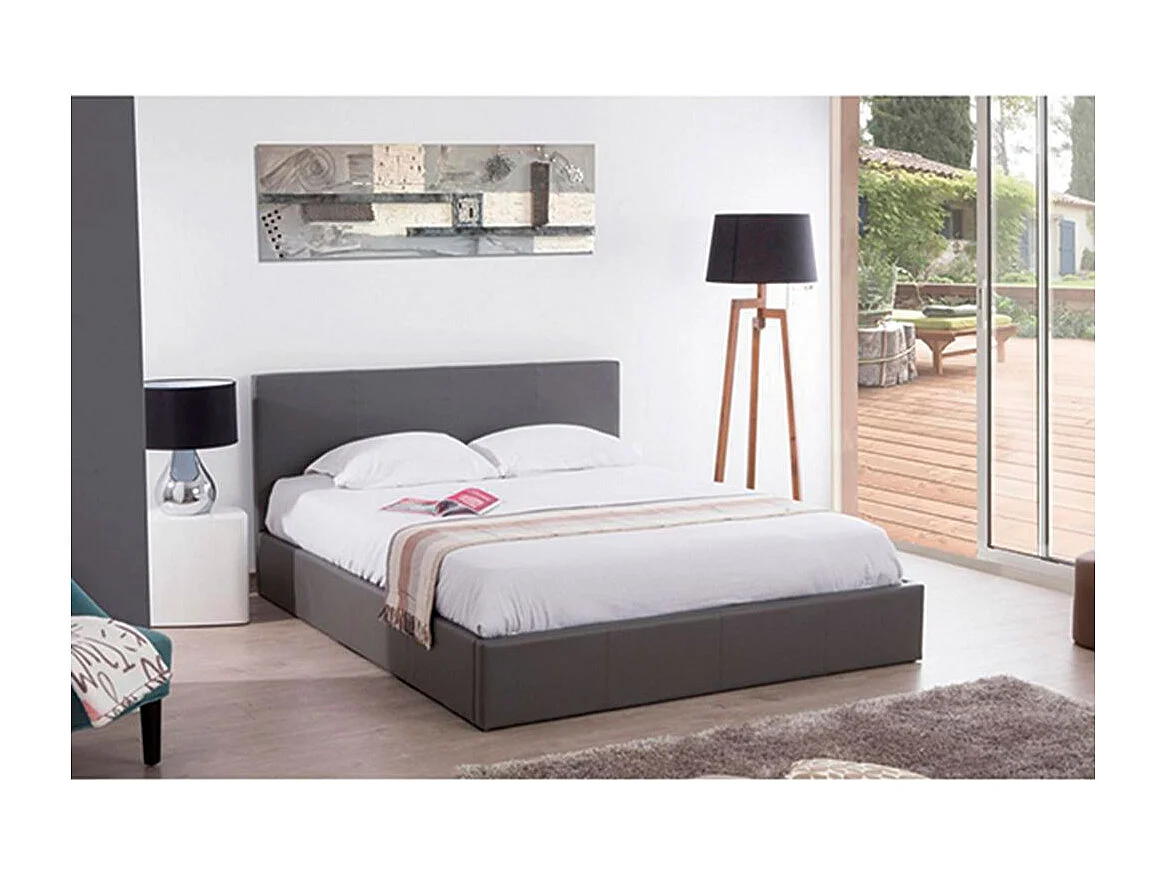 Lit Coffre 2 Places Bastien 140x190 cm Similicuir Gris Sommier Coffre Inclus