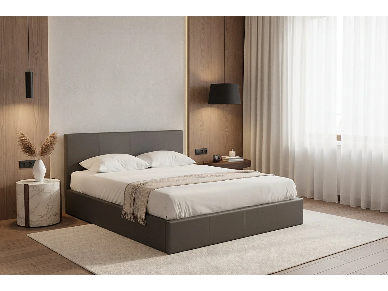 Lit Coffre 2 Places Bastien 140x190 cm Similicuir Gris Sommier Coffre Inclus