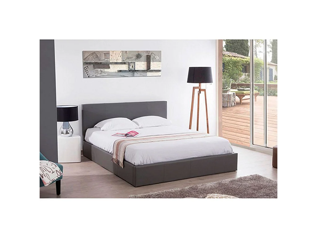 Lit Coffre 2 Places Bastien 140x190 cm Similicuir Gris Sommier Coffre Inclus