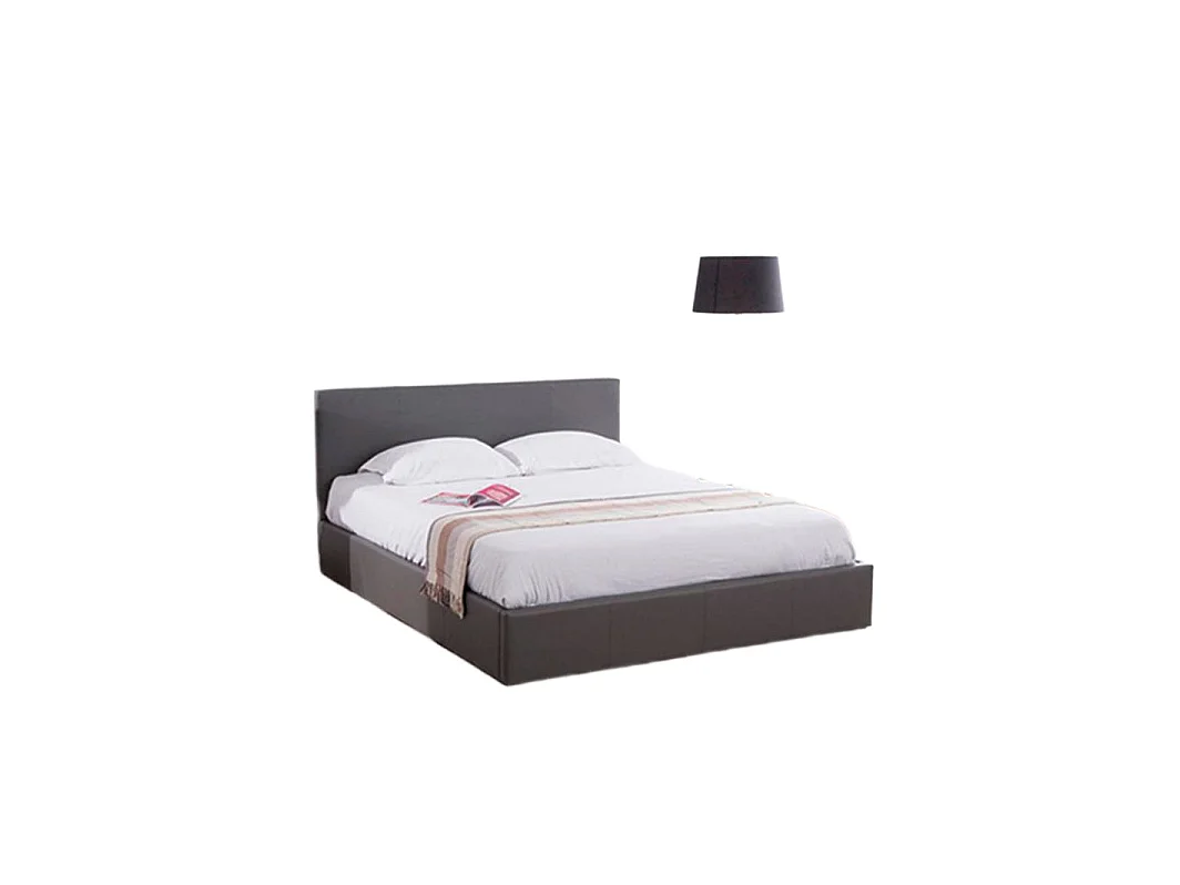 Lit Coffre 2 Places Bastien 140x190 cm Similicuir Gris Sommier Coffre Inclus