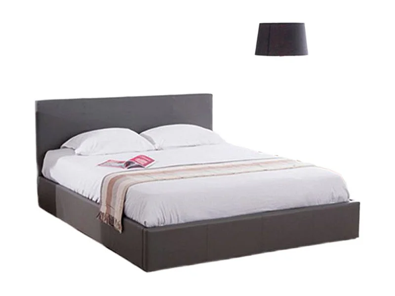 Lit Coffre 2 Places Bastien 140x190 cm Similicuir Gris Sommier Coffre Inclus