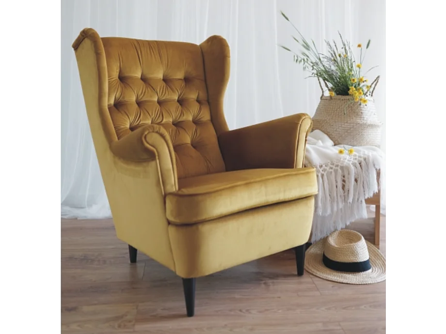 Fauteuil bergère capitonné velours jaune curry Jolt
