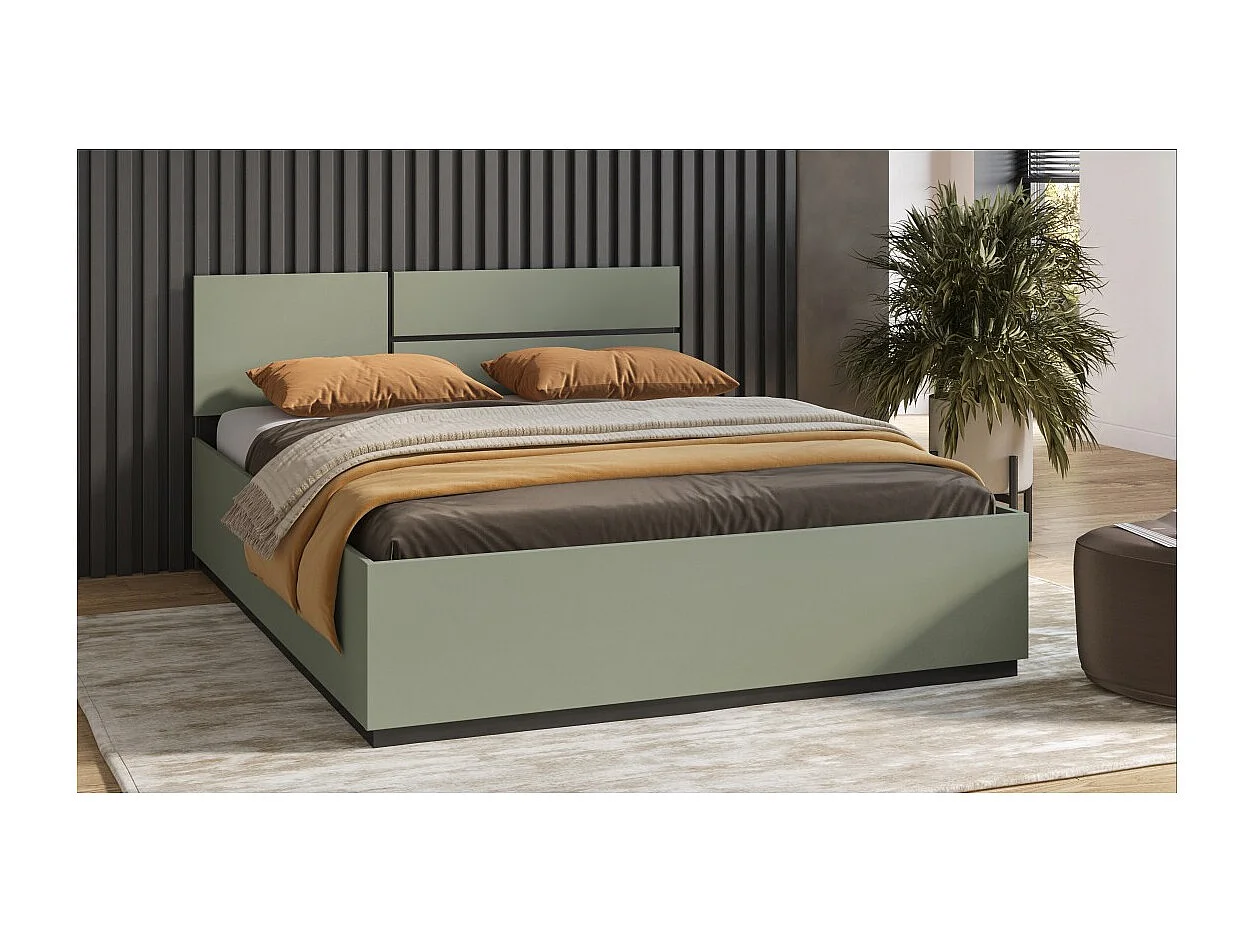 Lit coffre HAVANA 160x200 cm – Cor verde-sálvia e preto – Design prático e moderno