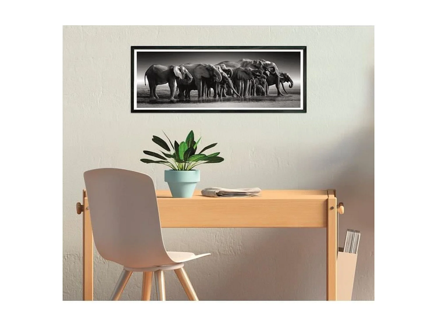 Puzzle panorámico La manada de elefantes Blanco y negro 1000 piezas