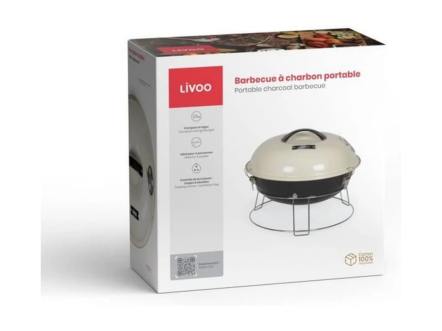 Tragbarer Holzkohlegrill Livoo DOC301 ø34 cm emaillierter Stahl beige mit belüftetem Deckel und Griff